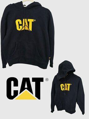 CAT Caterpillar black  Hooded Embroided Logo Sweatshirt Pullover Mens Large
